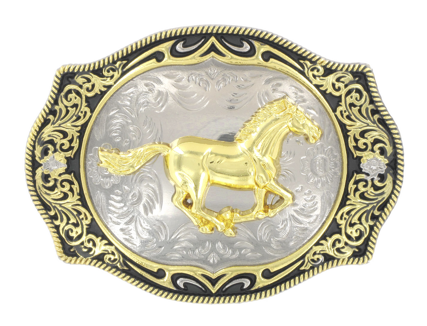 Trophy Buckle - Gold Horse Black Filgree