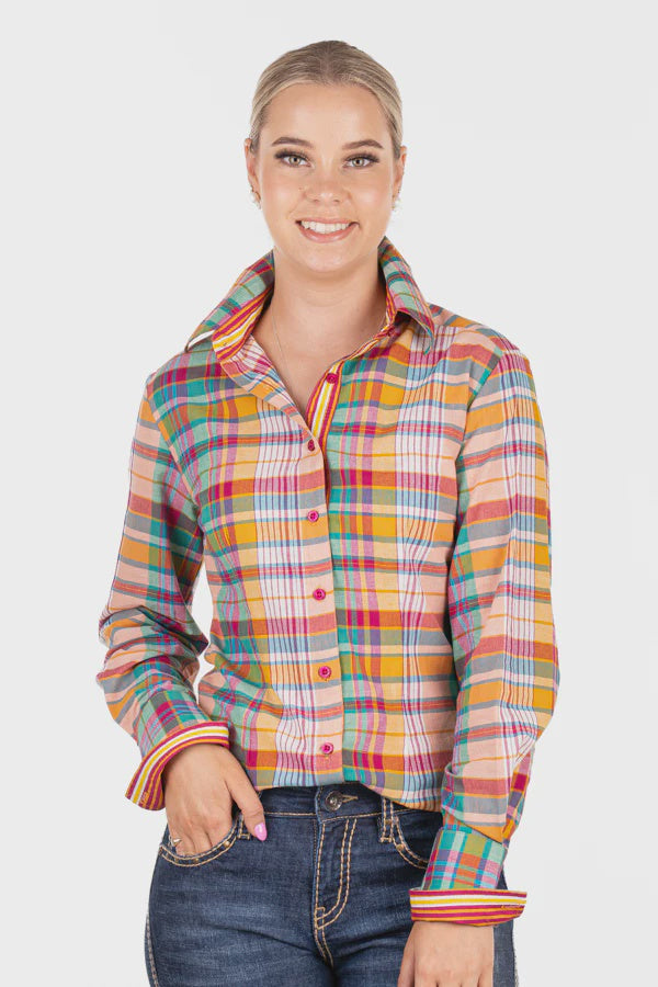 Fitted - RR01-2007 Deep Pink, Burnt Orange, Green, Turquoise & White Check Collared Ranch Range Arena Shirt