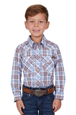 Pure Western Boys Lucas Long Sleeve Shirt - White/Blue