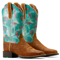 Ariat Women's Round Up Wide Square Toe - Embossed Chestnut / Flock O Flamingos
