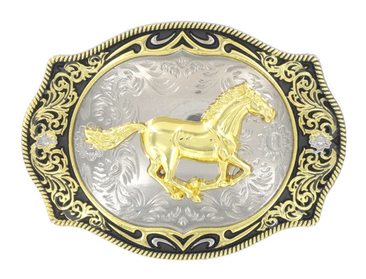 Trophy Buckle - Gold Horse Black Filgree