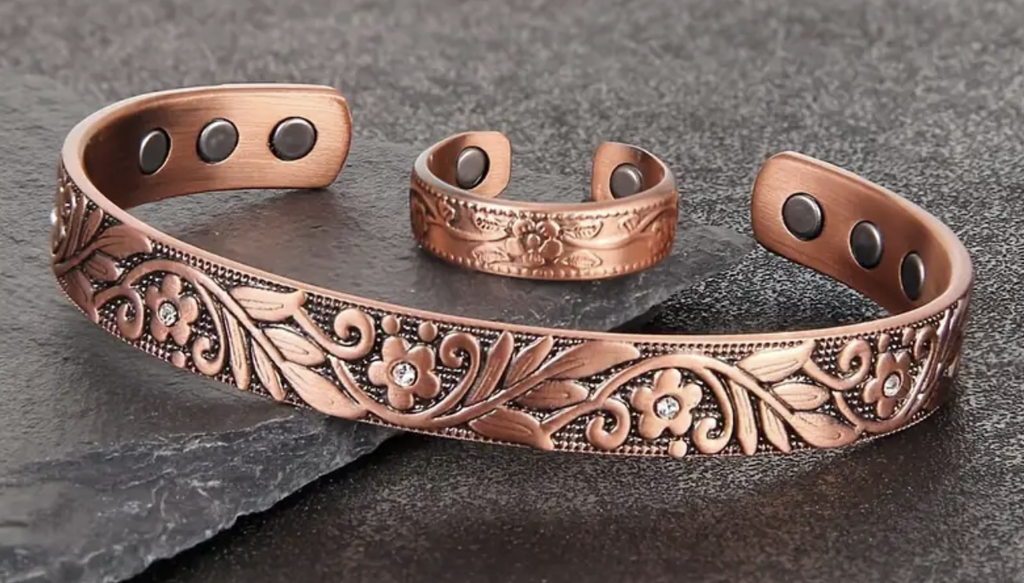 Copper Bangle - Flower Bling Ring Set