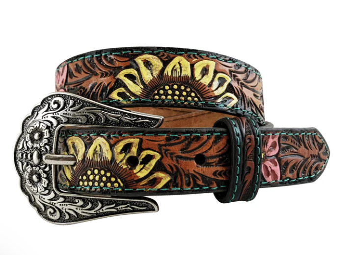 Girl's Genuine Leather Tan Belt - Hand Tooled - Western Sunflowers
