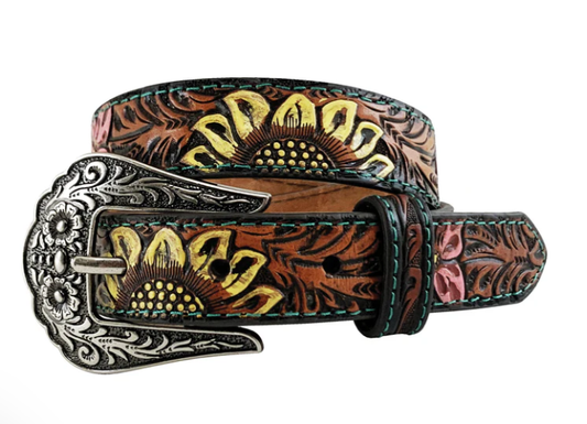 Girl's Genuine Leather Tan Belt - Hand Tooled - Western Sunflowers