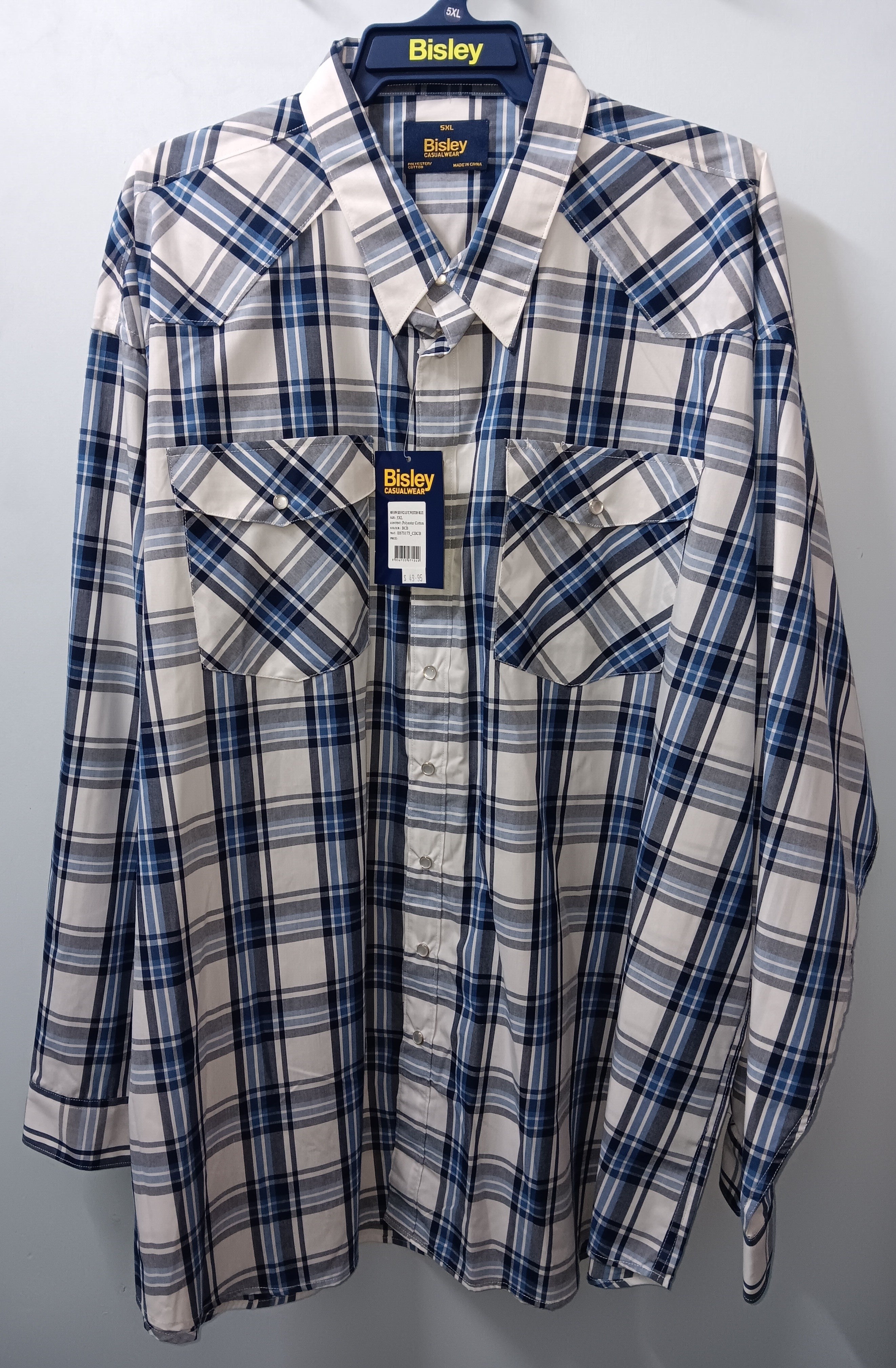 Bisley Western Shirt Snap Button Large Check - Blue