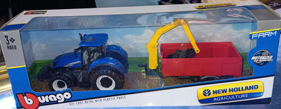 Burago New Holland Tractor with Red Trailer