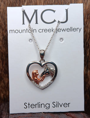 Mountain Creek Sterling Silver and Rose Gold Horse & Girl Heart Necklace