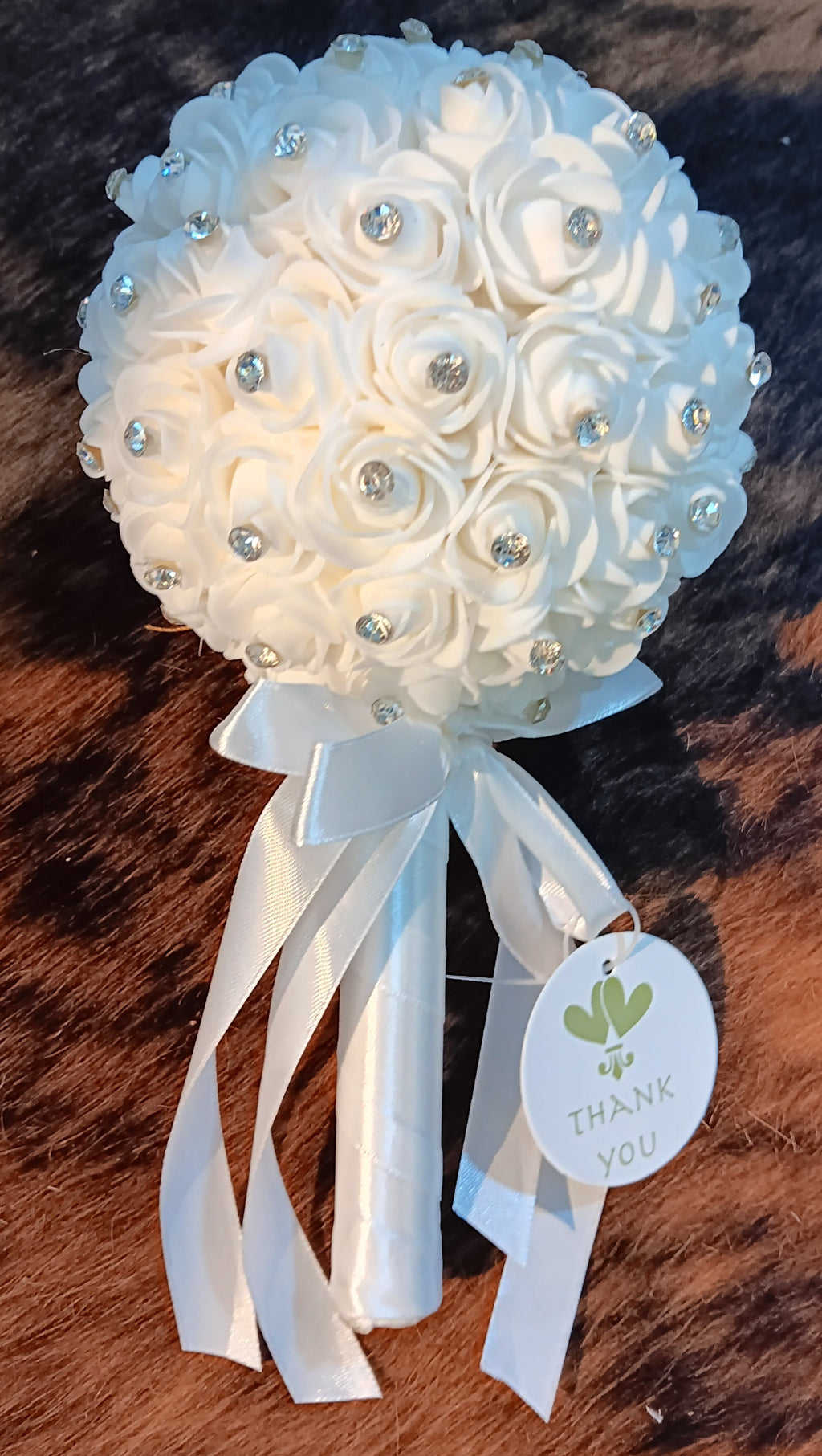 Rose Bridal Bouquet White Satin Crystal