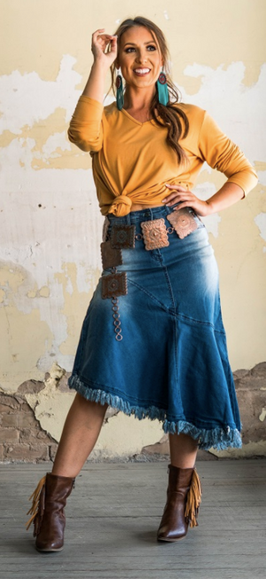 Womens L&B High Rise Maxi Skirt Denim with Fringe