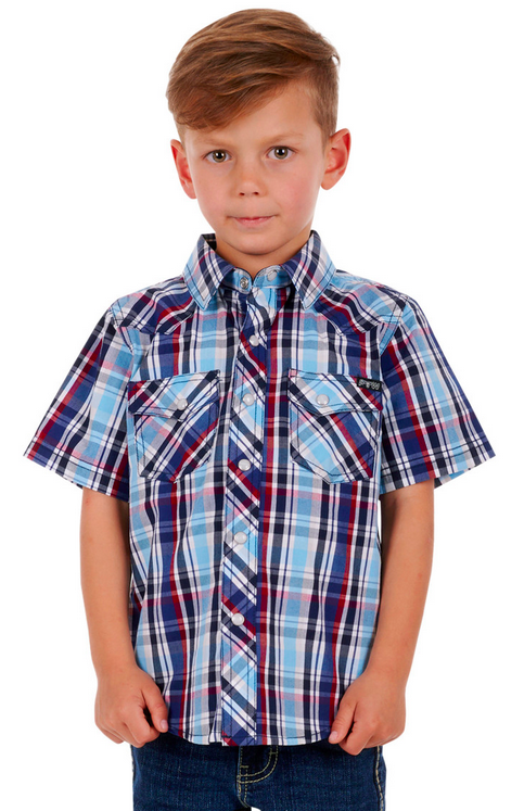 Pure Western Boys Logan Short Sleeve Shirt - Navy/Red