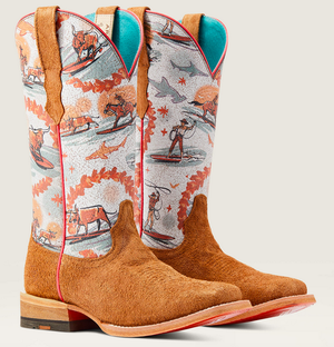 Ariat Womens Frontier Western Aloha Rusty Roughout/Surfing Longhorn Print
