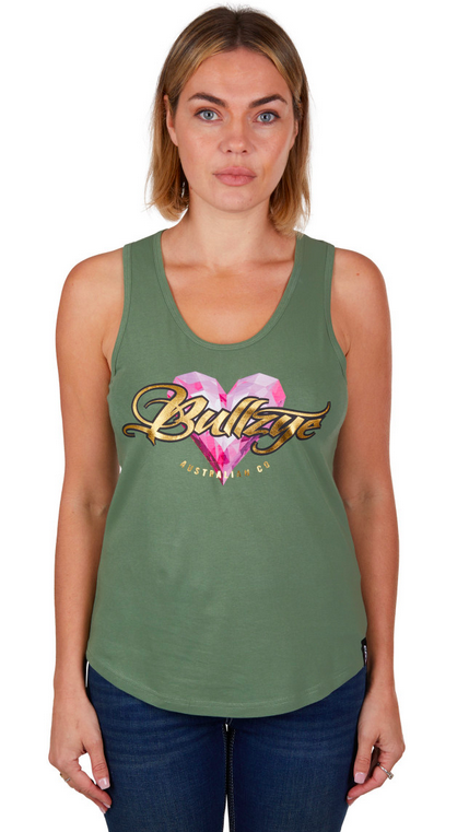Bullzye Womens Heart Singlet - Moss