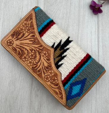 White Saddle Blanket Slim Wallet with Tooled Leather